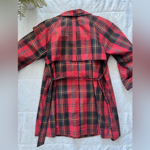 London Fog Red Plaid Trench Coat with Belt - Picture 2 of 12